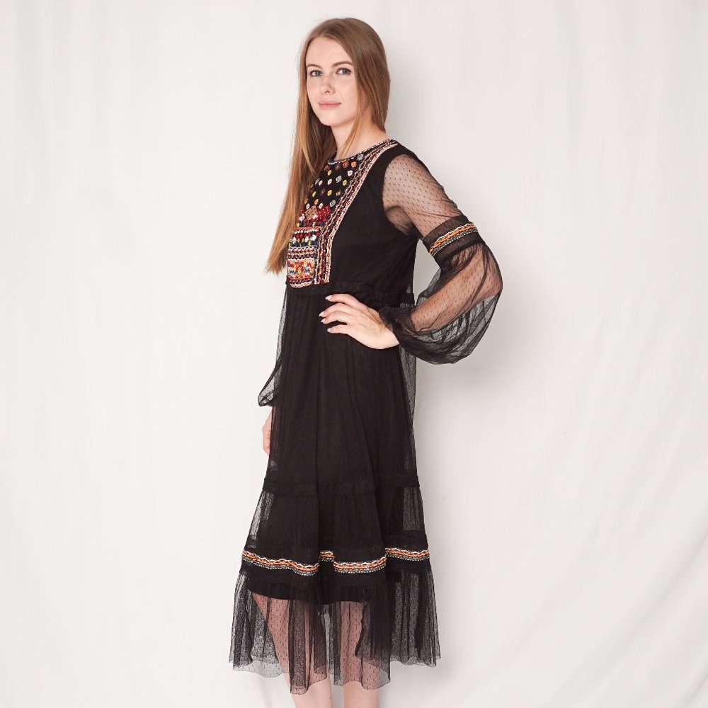 Zara Beaded Embroidered Mesh Black Midi Dress - Picture 6 of 9